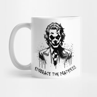 Embrace the Madness Clown, Dark Villainous Style Design, Monochrome Graphic Art, Bold Statement Piece, Unique Series Fan Gift, Eccentric Character, Dramatic Illustration Mug